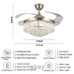 42/36 Crystal Chandelier Invisible Ceiling Fan Light with 3-Color LED Remote US