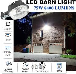 Lumière de grange à LED avec cellule photoélectrique, luminaires d'éclairage extérieur à faisceau large, 75W, 8400 lumens.
